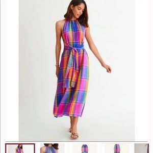 Ann Taylor Madras Plaid Belted Halter Dress.